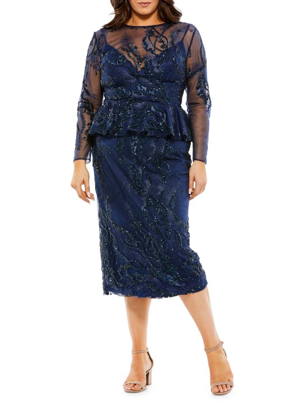 Mac Duggal Illusion Neckline Sequinned Peplum Midi Dress
